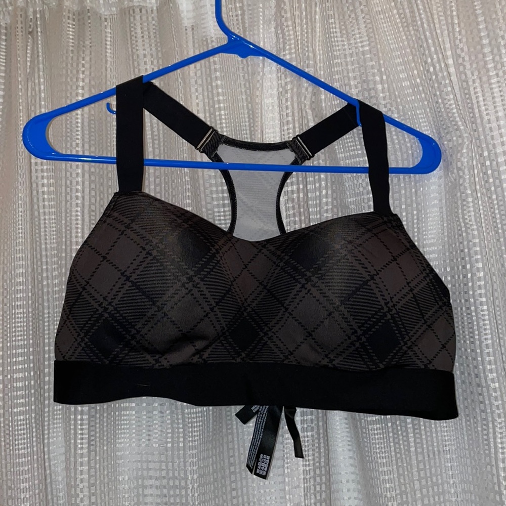 Dark brown & black plaid sports bra. Adjustable straps and back clips.